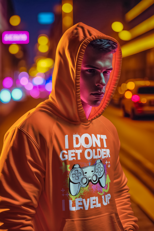 I Don't Get Older I Level Up Hoodie For Men, Side Angle, Live Model, Orange