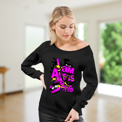 I Am A Mess/Amazing Off The Shoulder Sweatshirt For Women, Front Angle, Black