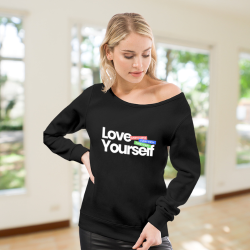 Love Yourself Off The Shoulder Sweatshirt For Women, Live Model Background, Front Angle, Black