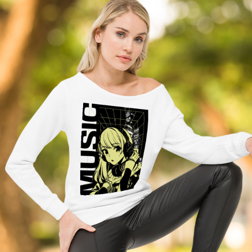 Music and Anime Off The Shoulder Sweatshirt For Women, Live Model, Side View, White