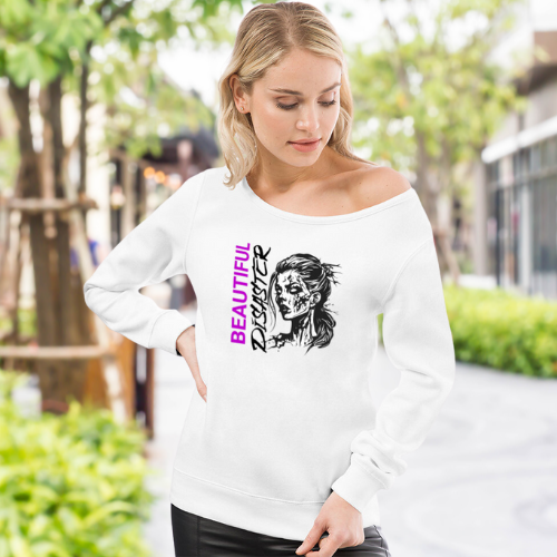 Beautiful Disaster Off The Shoulder Sweatshirt For Women, Live Model, Front Angle, White