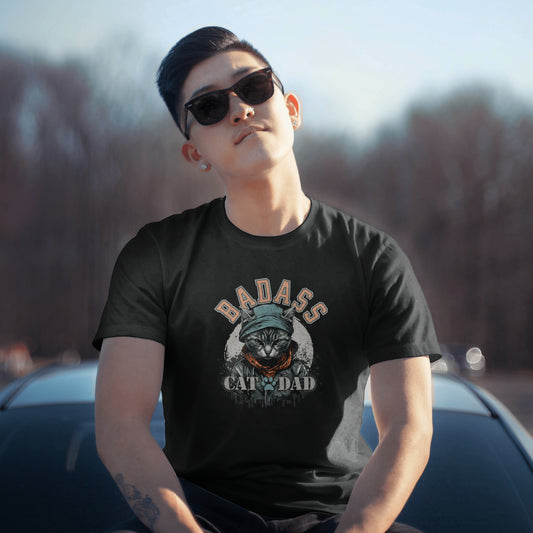 Badass Cat Dad Shirt For Men, Live Model, Front Angle, Black