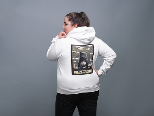 The Magicat Tarot Card Hoodie For Women, Live Model, Back Angle, White