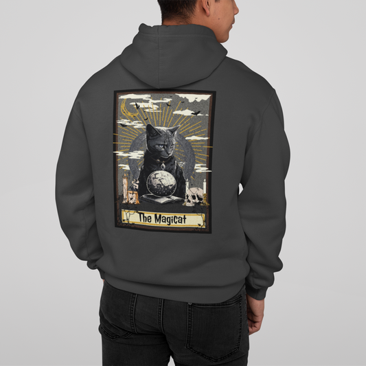 The Magicat Tarot Card Hoodie For Men, Live Model, Back Angle, Charcoal