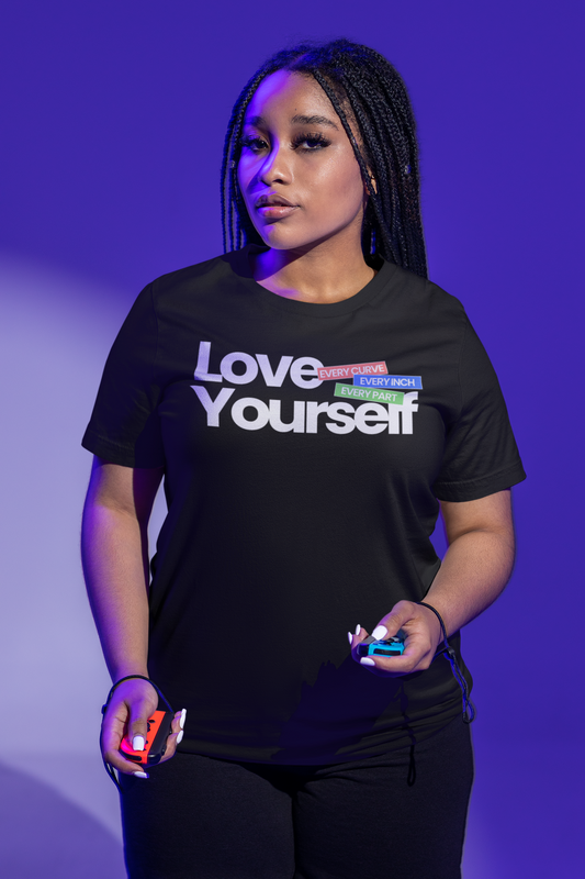 Love Yourself Shirt For Women, Live Model, Front Angle, Solid Black Blend