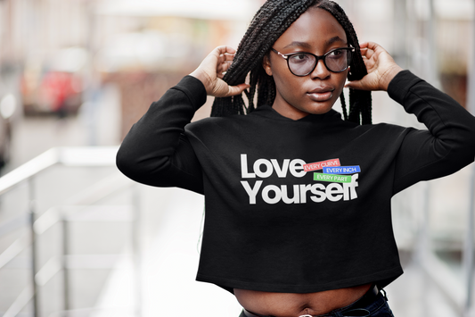 Love Yourself Crop Hoodie For Women, Live Model Arms Up, Front View, Black