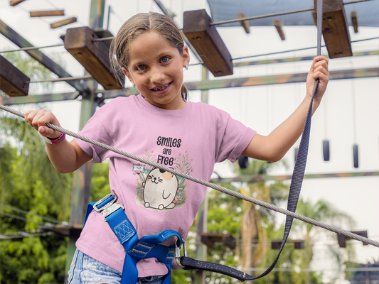 Smiles Are Free Shirt For Kids, Live Model, Front Angle, Pink