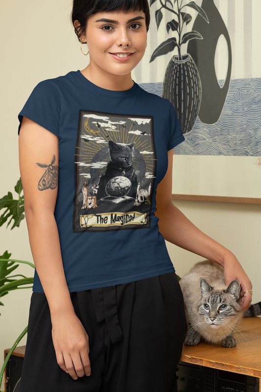 The Magicat Tarot Card Shirt For Women, Live Model, Front Angle, Navy