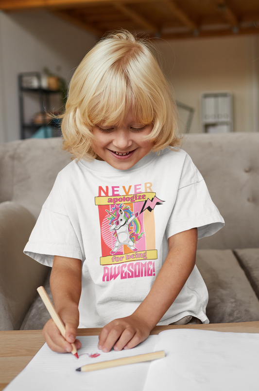 Never Apologize For Being Awesome Shirt For Kids, Live Model, Front Angle, White