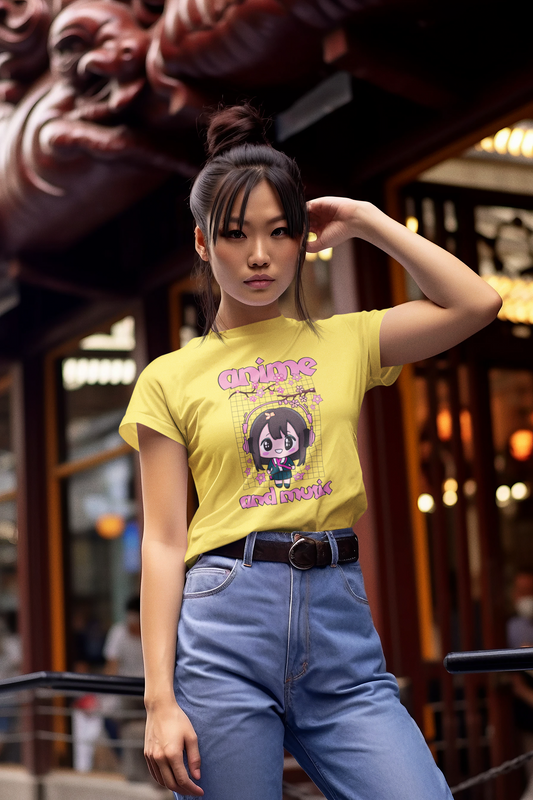 Anime and Music Shirt For Women, Live Model, Front Angle, Yellow