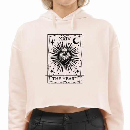 Tarot Card The Heart Crop Hoodie For Women, Close up, Front Angle, Pale Pink